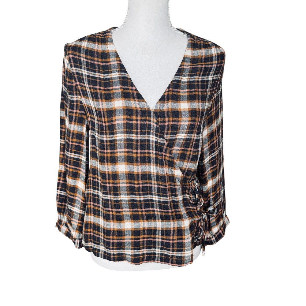Madewell Women's Small Plaid Wrap Top Navy Orange White Side Tie V-Neck Blouse